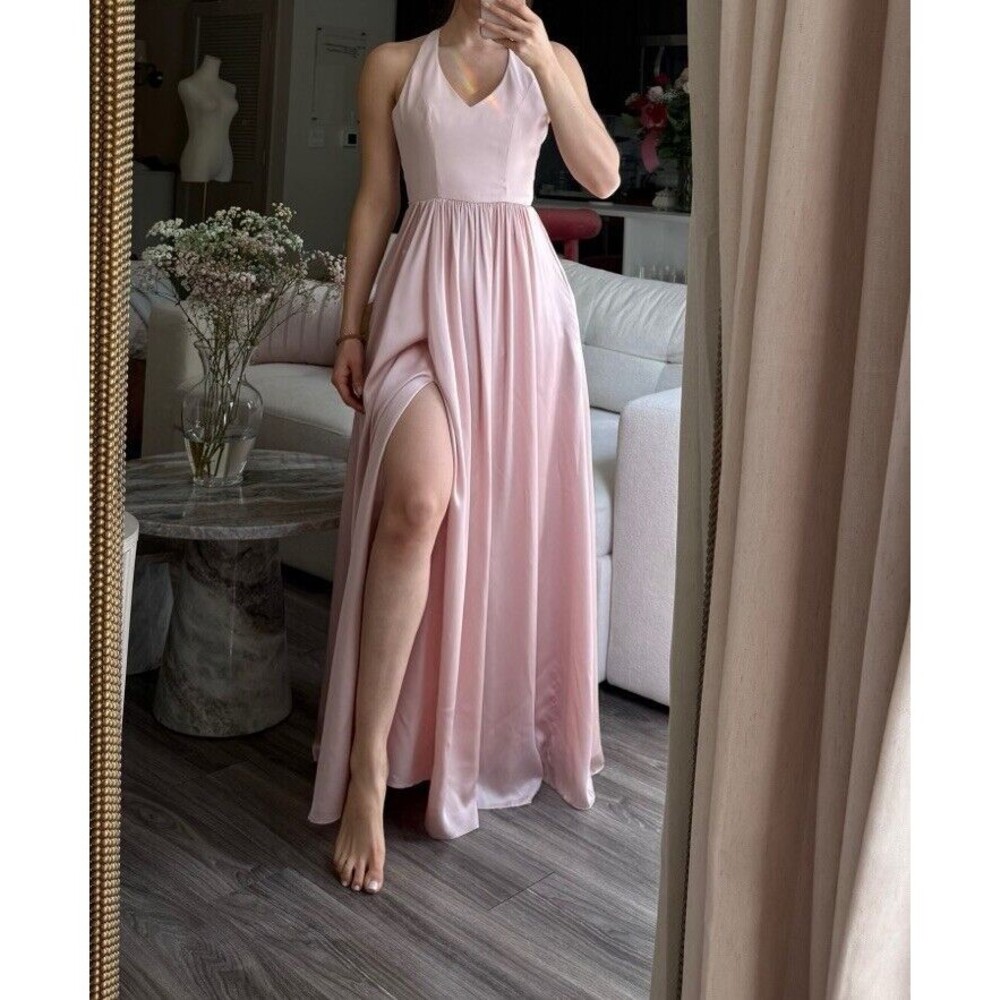 White by Vera Wang Maxi Dress Size 0 Blush Pink Satin Halter Bow Back Bridesmaid